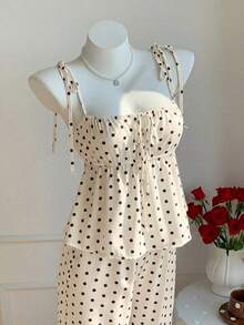 Conjunto de 2 piezas de top tipo camisola con hombros retorcidos y estampado de lunares, y pantalones de pierna ancha, para mujer, estilo casual de verano, retro y de playa - Amarillo claro - Ver 7