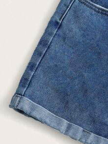 Pantalones cortos vaqueros de cintura alta enrollados para el verano - Azul lavado medio 2 - Ver 4