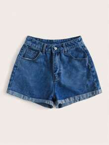 Pantalones cortos vaqueros de cintura alta enrollados para el verano - Azul lavado medio 2 - Ver 6