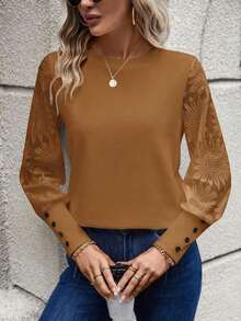 Blusa de mujer con mangas de encaje floral, parches y tejido de gofre, color blanco - Café integral - Ver 7