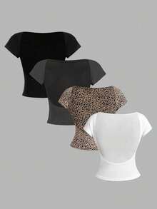 4 piezas Camisetas ajustadas de cuello redondo de unicolor con contraste, con espalda descubierta y calada, adecuadas para primavera/verano, carnaval, de manga corta, básicas, de mujer - Multicolor 17 - Ver 12