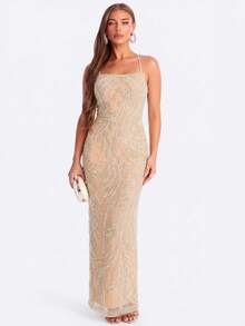 UNITHORSE [Random Cut] Halter Tie Waist Flowy Sequin Evening Dress - Apricot - View 4