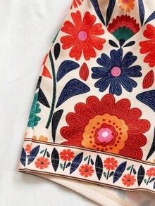 Conjunto informal de 2 piezas de top tubo corto anudado de unicolor y shorts con estampado floral para vacaciones de mujer - Multicolor 4 - Ver 3