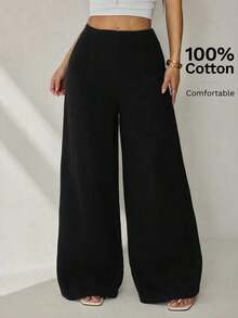 Pantalones anchos de cintura alta con textura, moda casual sencilla para la temporada de vuelta al colegio, estilo de dinero viejo para ir y venir - Negro - Ver 6