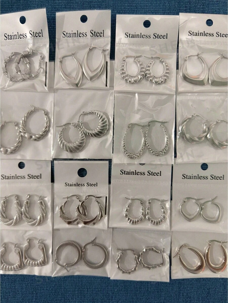 Bộ 16 khuyên tai bằng thép không gỉ, khuyên tai dành cho nữ - Phong cách tối giản Hàn Quốc, thiết kế bất đối xứng thời trang, phù hợp để đeo hàng ngày và dự tiệc. - Một kích thước - Xem 1