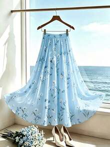 Falda de gasa con estampado floral para mujer, falda plisada de cintura alta estilizadora, diseño de cintura elástica, falda larga elegante, conjunto de verano para mujer, falda elegante para fiesta, falda para atuendo de playa, falda vestido de vacaciones para mujer, falda para fiesta de boda, falda grácil para mujer, falda para vacaciones de verano, vestido casual, vestido de gasa para vacaciones, falda casual para ir al trabajo, vestido casual versátil y elegante para uso diario, falda urbana y chic - Azul - Ver 2