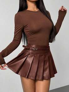 PETITE Falda de cuero plisada con hebilla de diseño de color marrón chocolate sólido para mujer, falda plisada de cuero, falda de patinadora, otoño para mujer, invierno para mujer, Halloween, casual de negocios, estilo de dinero antiguo - Marrón Chocolate - Ver 12