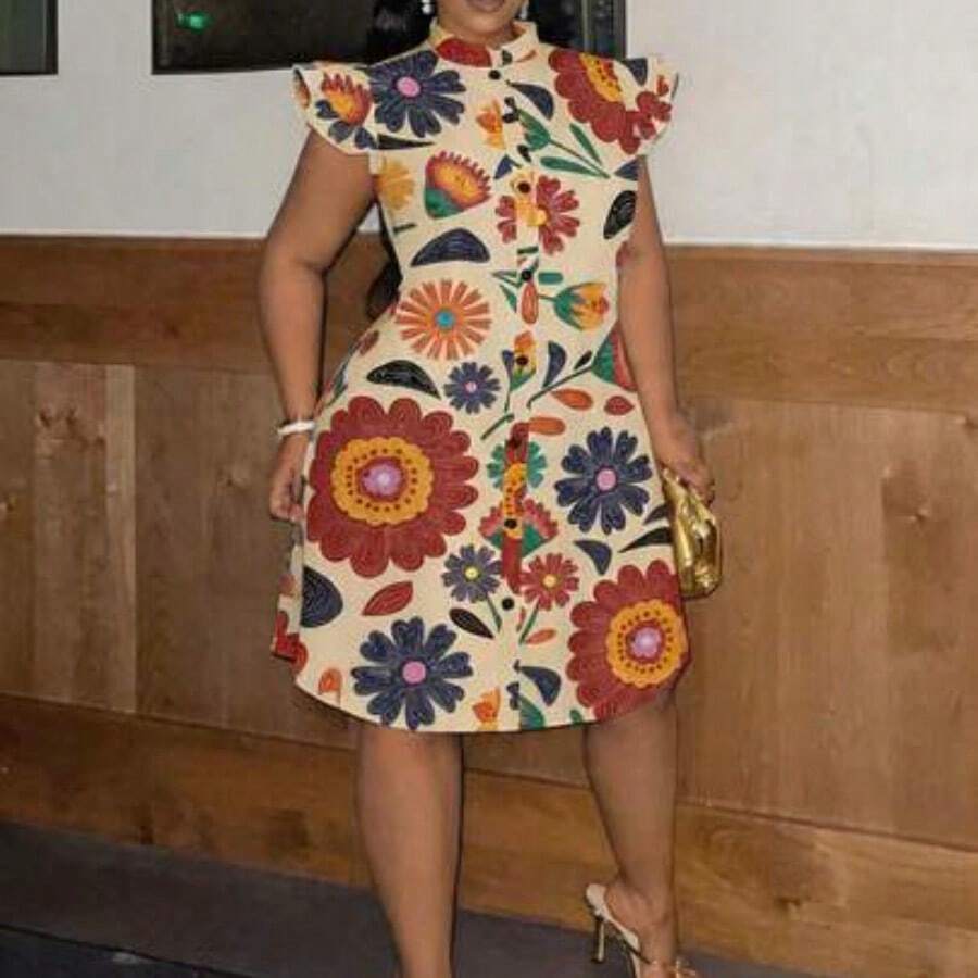 Vestido acampanado con manga acampanada y volantes románticos para mujer con estampado gráfico de póster retro informal de talla grande, festival de música, Y2K - Multicolor - Ver 1