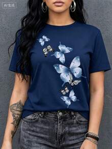 New Arrival 2026:  Short-Sleeved T-Shirt, Summer Niche Design, Plus-Size Loose Fit Top. 100% Pure Cotton, Thick, Black And White Graphic Design And  Letter Print, Unisex Short-Sleeved Style. New Collection For Spring, Summer, And Autumn, Breathable And Comfortable, Minimalist And Versatile Streetwear Style, Matching Set For Couples. - 藏蓝色 - 查看 6