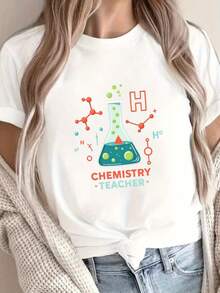 Women's Chemistry Teacher T-Shirt 2026, With Lab Beaker, Atomic Symbol And Science Lab Prints - Casual Short Sleeve Crew Neck Top, Science Themed Clothing, Chemistry Themed Gift, Suitable For Teachers. - 白色 - 查看 7