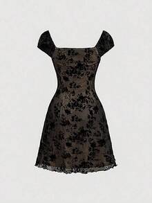 MOD Vestido De Terciopelo Con Malla Y Cinta De Lazo De Flor De Mujer - Negro - Ver 2