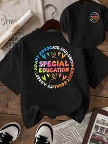 Colorful Circle With Words That Inspire Inclusion, Equality, Acceptance, And Love Promotes A Positive Attitude Towards Diversity. Double-Sided Women's T-Shirt With Motivational Messages And Vibrant Hearts. - 黑色 - 查看 1