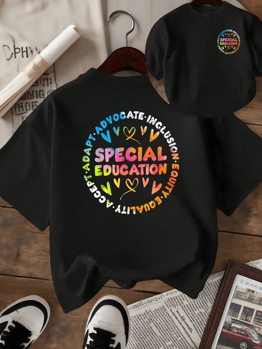 Colorful Circle With Words That Inspire Inclusion, Equality, Acceptance, And Love Promotes A Positive Attitude Towards Diversity. Double-Sided Women's T-Shirt With Motivational Messages And Vibrant Hearts. - 黑色 - 查看 1