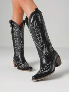 Womens Embroidered Cowgirl Knee High Boots Pointed Toe Block Heel Western Cowboy Boots For Women Casual Outings Festivals - 黑A - 查看 6