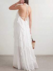 Bump Style Maternity Dress, Elegant Casual Daily Commute Vacation Minimalist Sexy Backless White Dress, Birthday Party Dress, Vintage Style Dress, Bodycon Dress, Solid Color Round Neck Sleeveless Waist-Cinching Mid-Length/Long Dress, Bohemian Style - White - View 2
