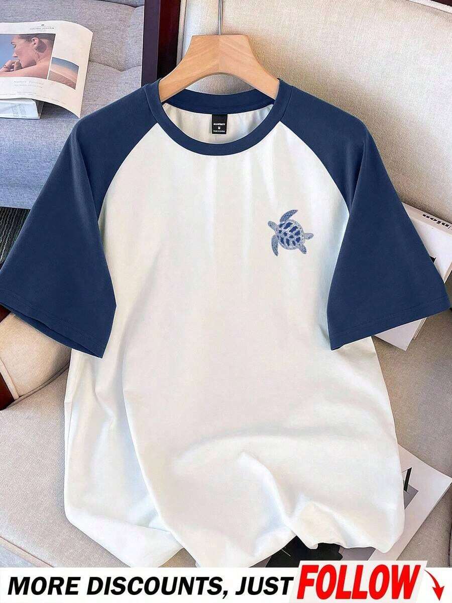 Camiseta de manga raglan para hombre con diseño de tortuga marina, en patchwork azul marino y blanco, adecuada para el verano - Multicolor - Ver 1