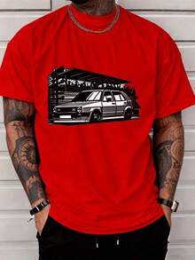 Short-Sleeve Printed T-Shirt For Women, Casual T-Shirt For Men, Urban Style Sports Car Print Short-Sleeve Top, Fashionable Everyday Wear For Men, Fashionable Women's Clothing, Crew Neck, 100% Cotton, Soft Fabric, Short Sleeves, Breathable And Cool. 100% Cotton - 紅色的 - 查看 1