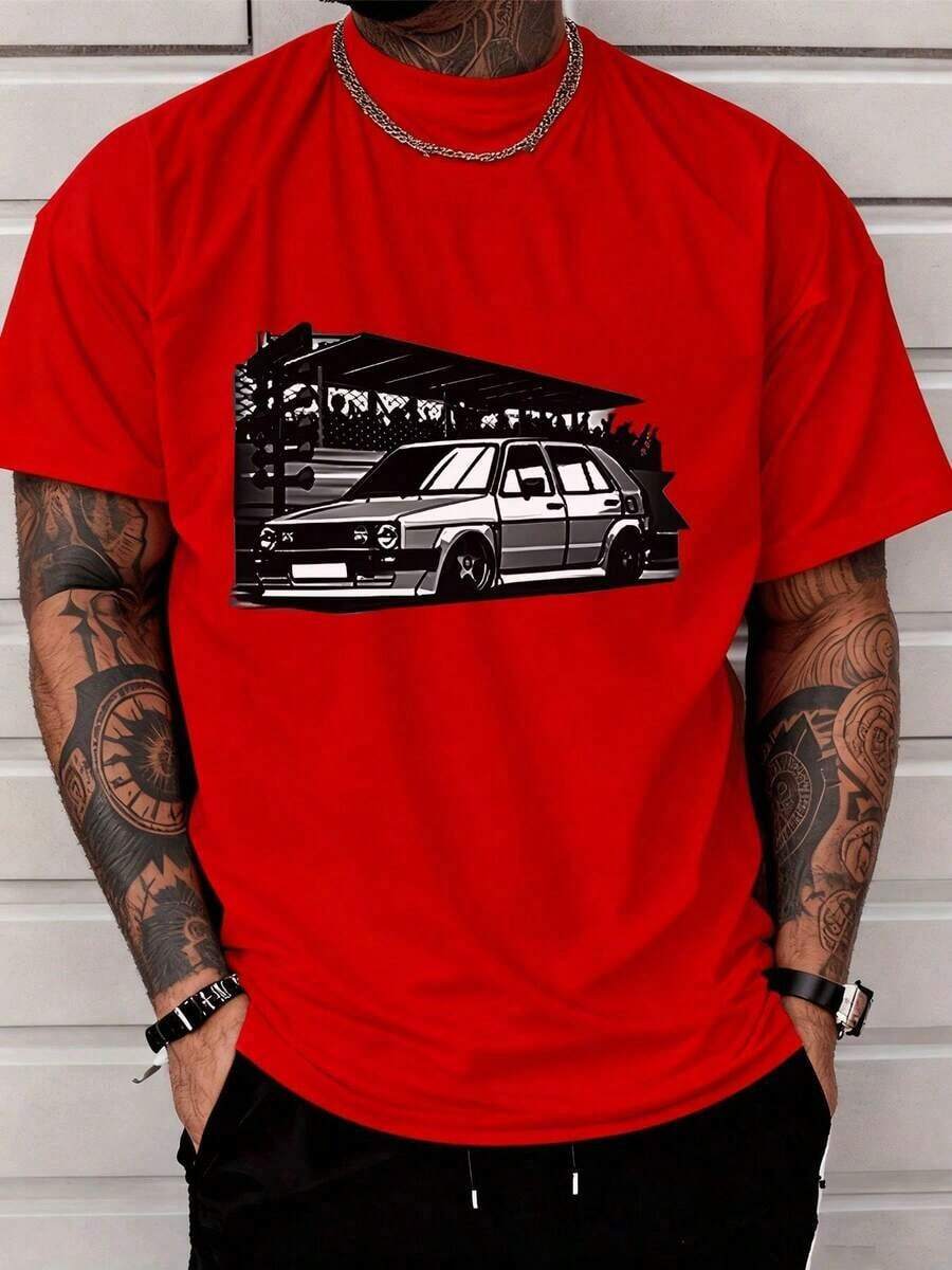 Short-Sleeve Printed T-Shirt For Women, Casual T-Shirt For Men, Urban Style Sports Car Print Short-Sleeve Top, Fashionable Everyday Wear For Men, Fashionable Women's Clothing, Crew Neck, 100% Cotton, Soft Fabric, Short Sleeves, Breathable And Cool. 100% Cotton - 紅色的 - 查看 1