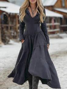 New  Women's Dress, Denim Style, Long Sleeves, Fitted Cut, Appliqué/Fabric Mix Design, Casual Style, Flattering Design, Perfect For Everyday And Urban Looks - 深灰色 - 查看 6