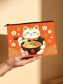 招财猫吃拉面图案化妆包，日式食品招财猫拉链袋 - 彩色 - 查看 4