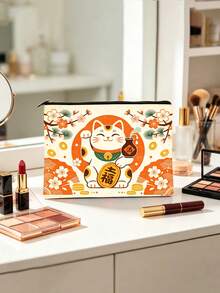 Vintage Style Lucky Cat Print Cosmetic Bag, Traditional Japanese Fortune Cat Zipper Pouch - Multicolor - View 3