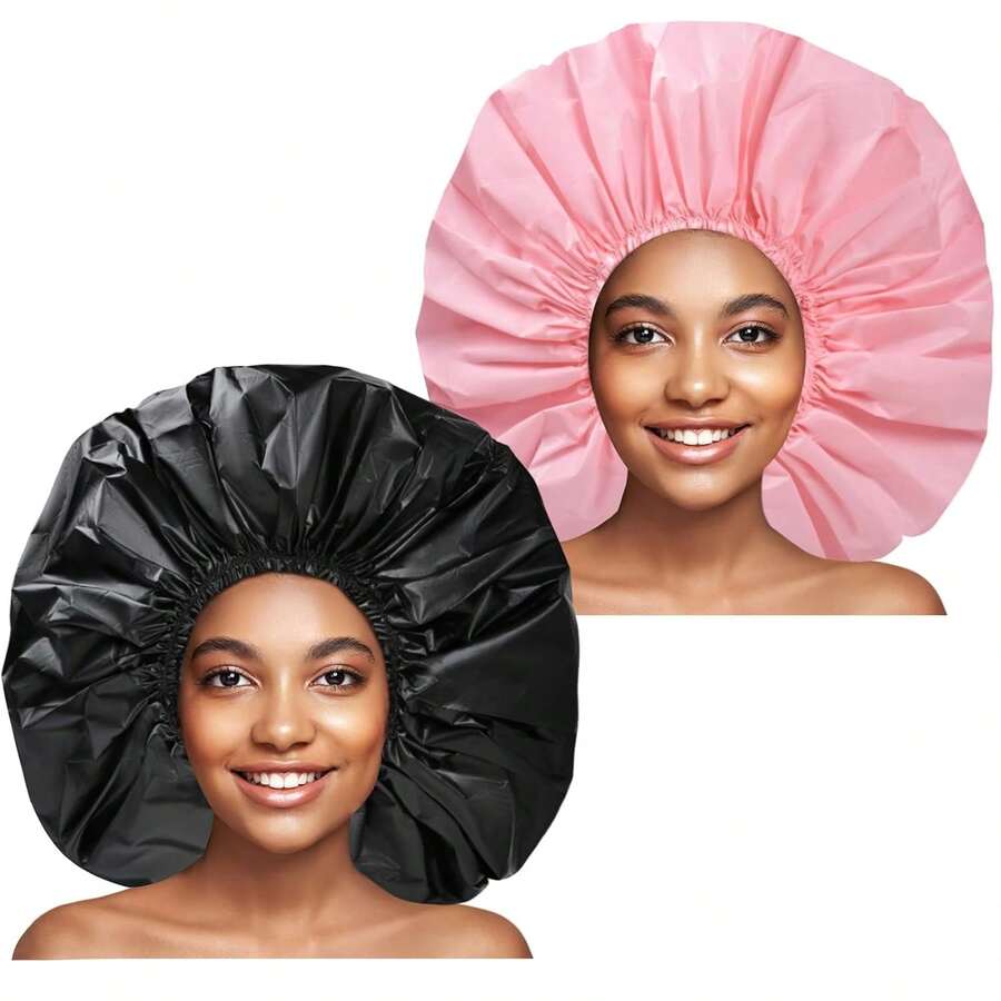 Extra Large Shower Cap 2 PCS Waterproof Shower Caps For Women, Super Jumbo Shower Cap, Reusable Super Large Bath Caps Hair Cap For Long Thick Curly Hair, Locs, Twist Braids - Black + Pink - View 1