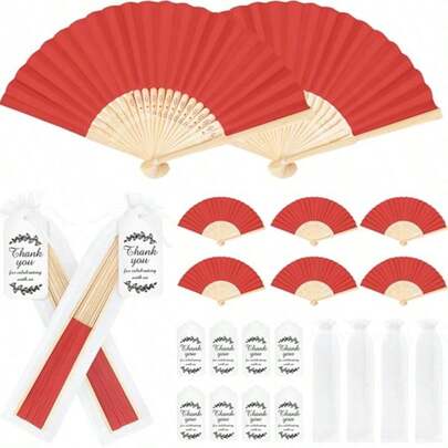 Red Paper Folding Hand Fan, Bulk Wholesale Wedding Party Favors, Comes With Bamboo Fan And Organza Bag, Suitable For Wedding Ceremony, Dance Props, Church Decor (Red)