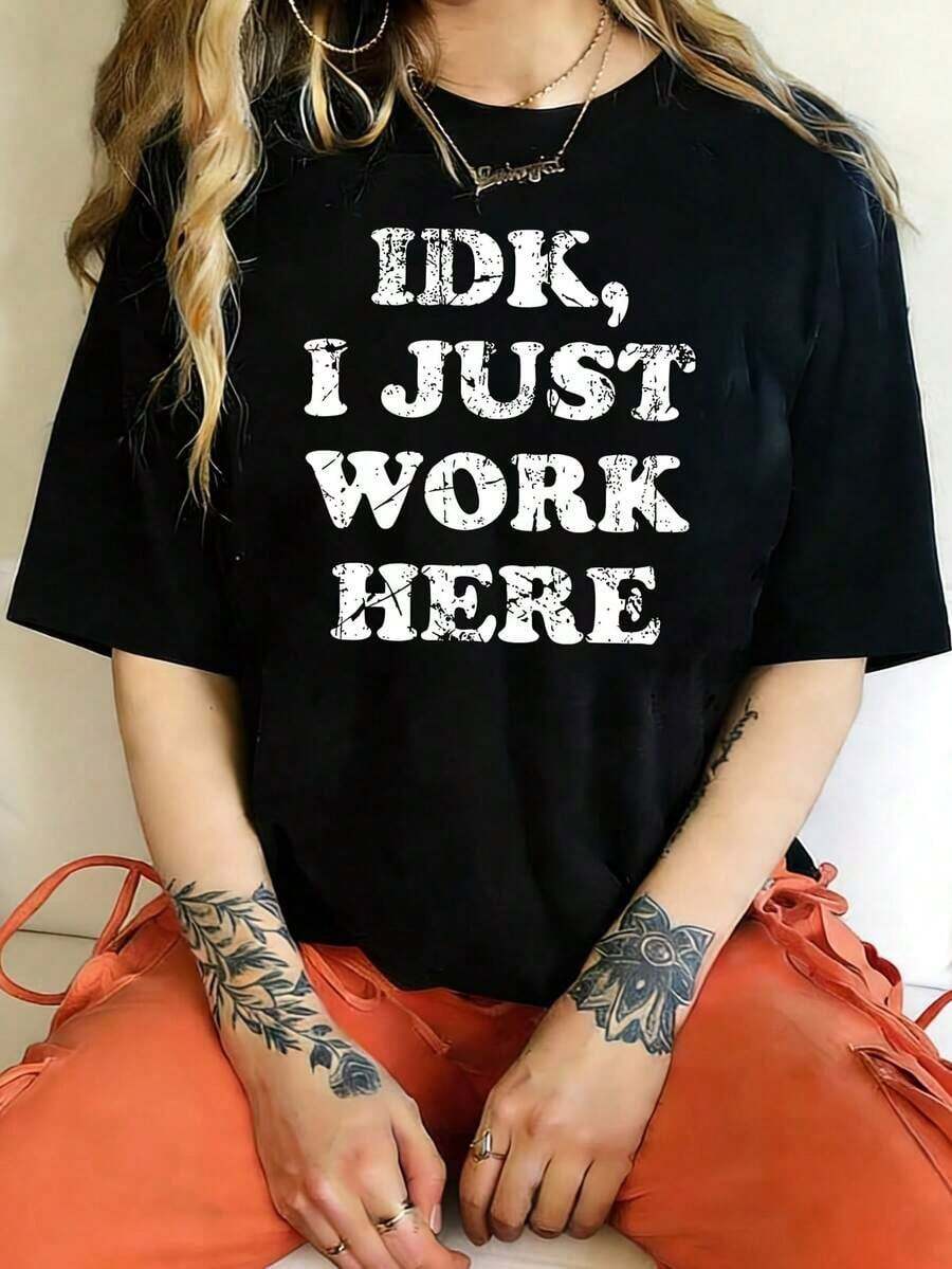 1 Piece 'I DON'T KNOW, I JUST WORK HERE' Women's Plus Size Letter Print T-Shirt, Oversized Short Sleeve Graphic Tee, Novelty 100% Cotton Crew Neck Casual Wear, 220g/180g, 100% Cotton - 黑色 - 查看 1