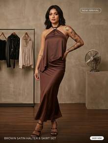 Conjunto 2 piezas de satín para mujer, top halter elegante con anilla dorada metálica bajo asimétrico y falda larga fluida con abertura trasera, acabado brillante, caída suave, diseño confortable ideal para eventos especiales y outfits sofisticados para fiesta en la noche sexy - Café integral - Ver 4