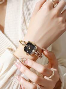 Reloj de pulsera elegante y de moda con cadena dorada, esfera cuadrada y pulsera de cadena, adecuado para la oficina y el uso diario - Multicolor - Ver 14