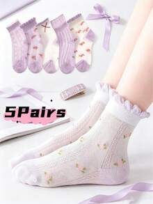 5 pares de calcetines finos de algodón y malla para niñas, con alta elasticidad, adorno floral con volantes, calcetines deportivos transpirables, para primavera/verano - Multicolor - Ver 4