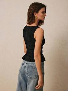 Camiseta de mujer informal de cuello redondo con pliegues de color liso y versátil - Negro - Ver 2