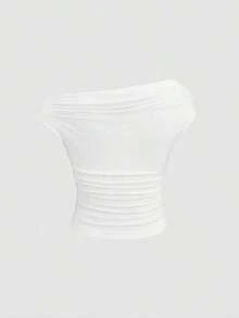 Camiseta ajustada de manga corta y cuello asimétrico de color liso, versátil y cómoda - Multicolor - Ver 5