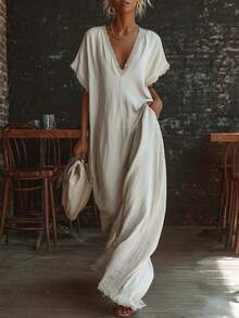 Ladies Linen Cotton Maxi Dress Casual Elegant Loose Fit With Lace Trim Comfortable Daily Vacation Dress - 白色 - 查看 5