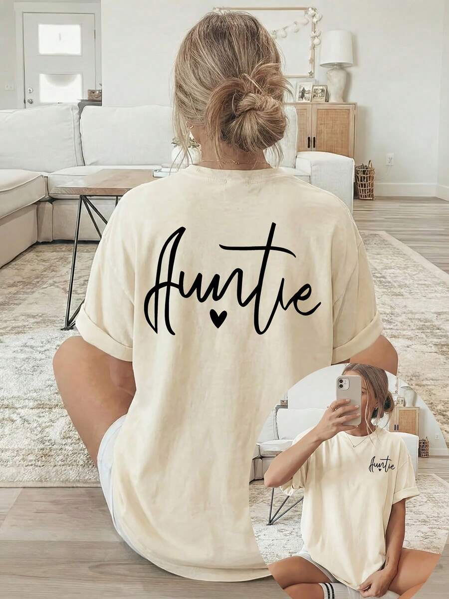 Women's T-Shirt With Double-Sided Front/Back Print - Short Sleeve, Round Neck, Casual Style, Suitable For Casual Wear, Machine Washable, With "Auntie" And Heart Print, Non-Blouse Style For Layering Or Wearing As A Top, 100% Cotton - 杏色 - 查看 1