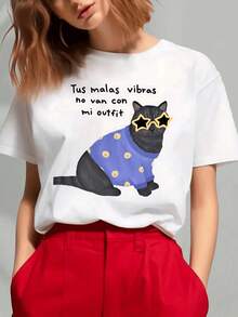 MinimalistPlayera mujer algodón 100% estampado gato  divertido con gafas estrella y texto positivo, cuello redondo casual, diseño único y cómodo para uso diarioWomen's Simple Solid Color T-shirt, Loose and Slim Fit Casual Short Sleeve - Blanco - Ver 7