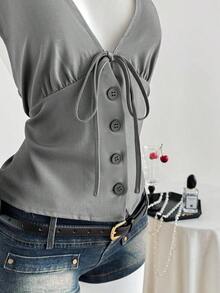 Top de tirantes de cuello halter con botones delanteros de unicolor casual para mujer, verano - Gris - Ver 4