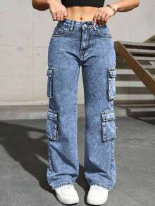 Jeans de mezclilla con bolsillo con solapa y cargo lateral, de estilo sencillo y elegante para uso diario y casual en primavera, color negro - Azul lavado medio 2 - Ver 5