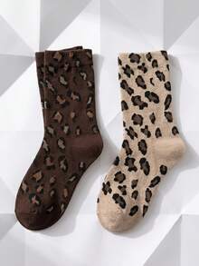 2 Pairs Leopard Print Knit Crew Socks, Soft Comfortable Casual Socks With Animal Pattern - Multicolor - View 8