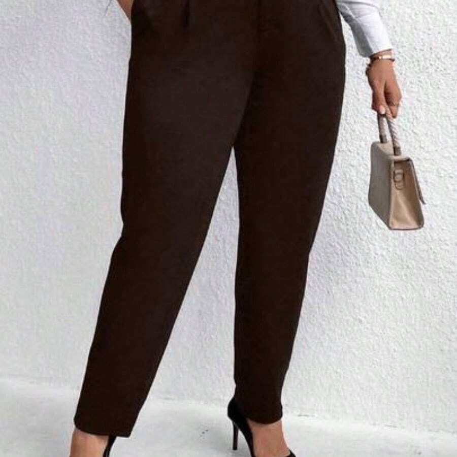 Plus Solid Slant Pocket Suit Pants Graduation,Back To School,Teacher Outfits For Women Winter Fall Autumn - Café integral - Ver 1