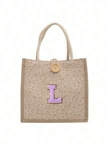 1pc Embroidered Letter Pattern Handbag, Floral Print Linen Tote Bag, Ditsy Floral Linen Decorative Button Handbag, Minimalist Large Capacity Handbag, Portable Casual Storage Tote Bag, Multifunctional Shopping Bag - Multicolor - View 14