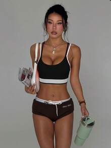 女士交叉后背日常健身运动文胸、女士瑜伽运动文胸、女士健身运动文胸套装 - 黑色 - 查看 6