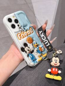 Disney Mickey Mouse Clubhouse Phone Case : 3D Fluffy Pattern Border Protector Phone Soft Phone Case With A Free Cute Mickey Bracelet Chain Lanyard, Mickey, Minnie, Goofy, Donald Duck, Daisy Duck, Pluto, For Apple 17 Promax 17 Pro 16 15 14 13 12 11 Pro Max XS Max X XR Soft Cover Summer Phone Case - White - View 6