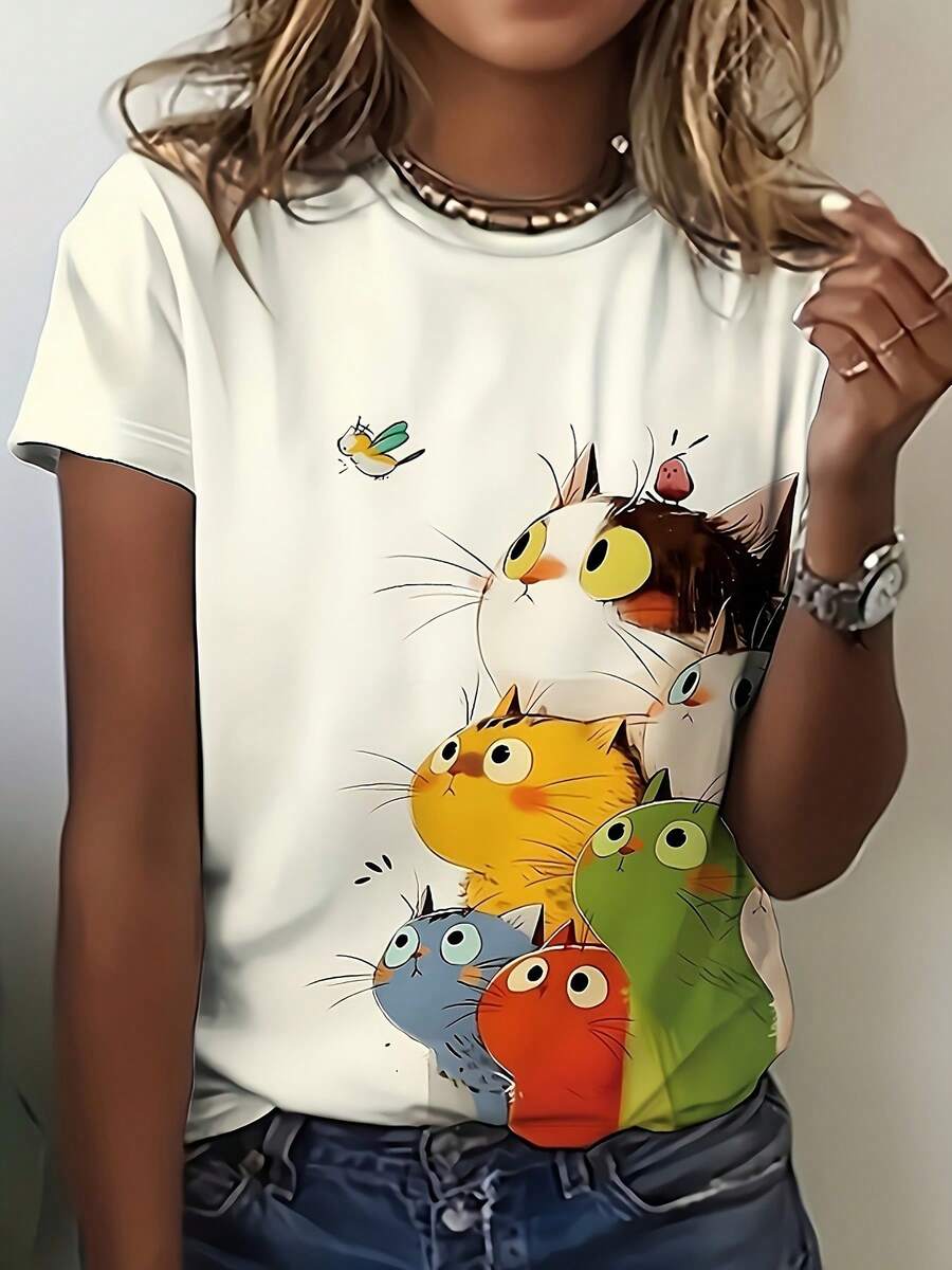 Women's 180g Black Printed T-Shirt For Men And Women - Soft And Breathable T-Shirt For Everyday Wear, Suitable For Casual And Formal Occasions - Opaque Crew Neck Top - A Must-Have Wardrobe Item For Spring And Summer - Cute Style Clothing, T-Shirt, Spring Fashion, Vibrant Design, Lightweight Fabric, Women's Tops - 白色 - 查看 1