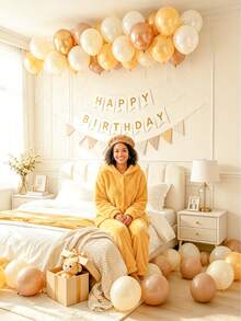 46pcs Cream Yellow Khaki Birthday Bedroom Balloon Set, Includes 10inch Yellow, White, Gold, Khaki Latex Balloons, White Pennant Happy Birthday Banner, Warm Tone Yellow Khaki Birthday Decor Set - Hanging Balloons, Suitable For Bedroom, Yellow Puppy Theme - Multicolor - View 6