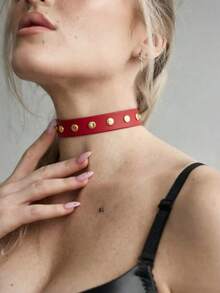 1pc Gothic Style Red Collar Necklace With Metal Buckle, Sexy Accessory Suitable For Daily Wear And Parties - Red - View 2