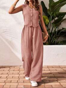 2 piezas/set Blusa sin mangas con cuello en V y botones delanteros y pantalones informal - Rosa - Ver 1