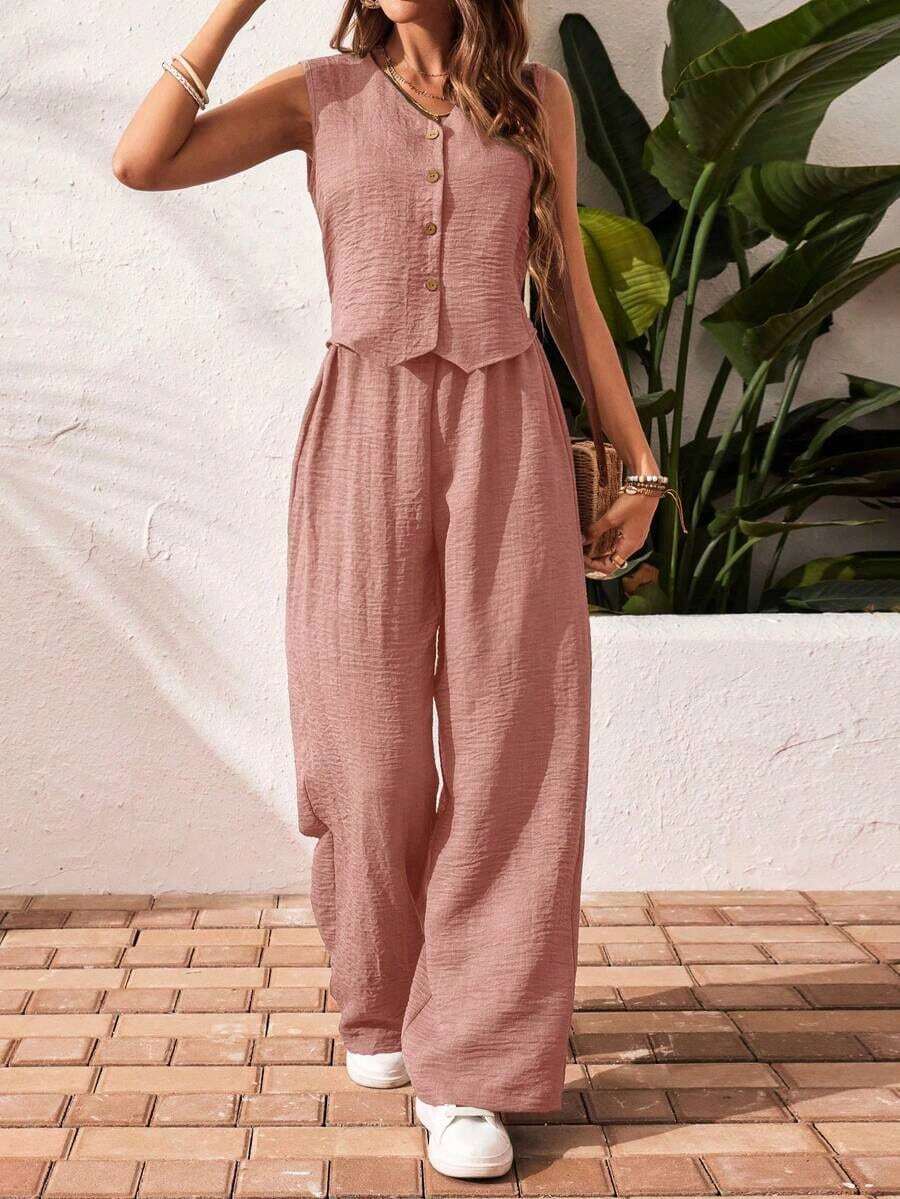 2 piezas/set Blusa sin mangas con cuello en V y botones delanteros y pantalones informal - Rosa - Ver 1