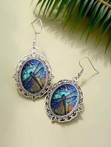 Painted Dragonfly Earrings, Vintage Openwork Silver Pendant Earrings, Bohemian-Style Insect And Dragonfly Art Print Teardrop Earrings. - Silver - View 4