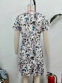 Tela de seda de leche con impresión digital de moda, material fresco de verano, adecuado para citas, hogar, vacaciones, campamento, playa, fotografía, baile, fiestas, compras, estilo de vacaciones de verano versátil. Vestido corto con diseño de volantes, - Azul - Ver 3